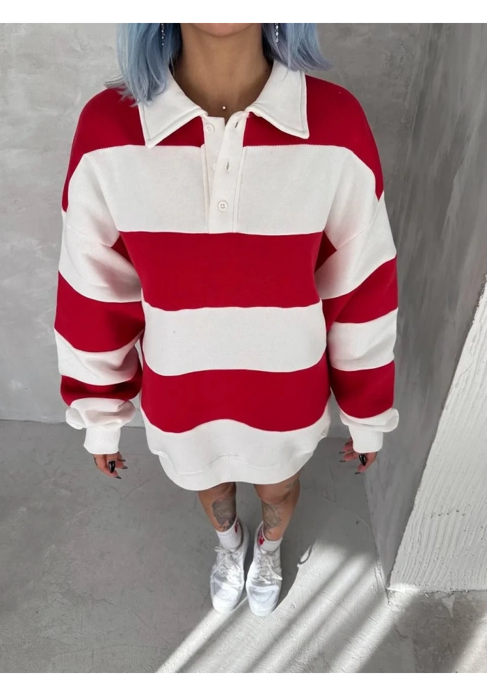 Kadın 3 İplik Pamuklu Parçalı Yakalı SweatShirt - Kırmızı