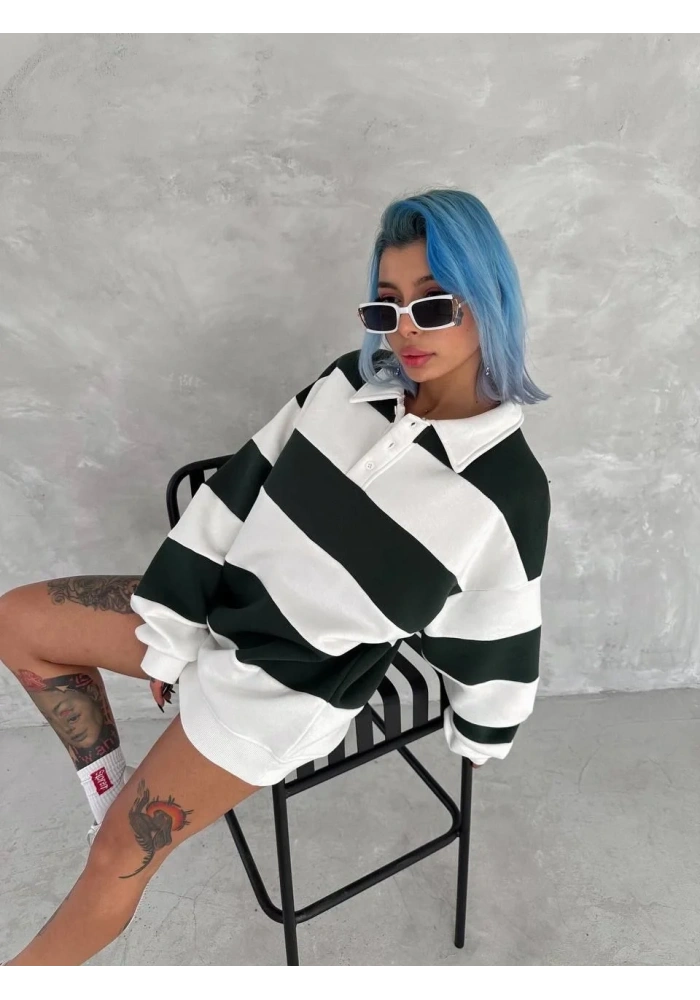 Kadın 3 iplik Pamuklu Parçalı Yakalı SweatShirt - Yeşil