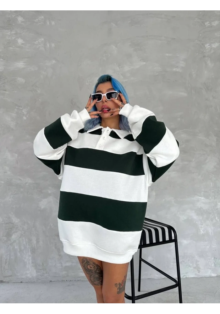 Kadın 3 iplik Pamuklu Parçalı Yakalı SweatShirt - Yeşil