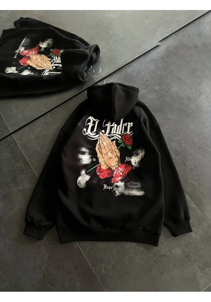 Kadın Oversize Kapüşonlu Cepli Baskılı 3 İplik Pamuklu Hoodie Sweatshirt - Siyah