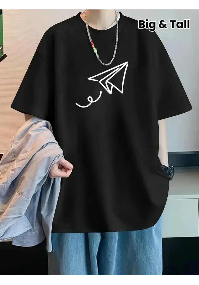 Erkek Kısa Kol Yazlık Tişört Bisiklet Yaka Baskılı Oversize T-Shirt - Siyah