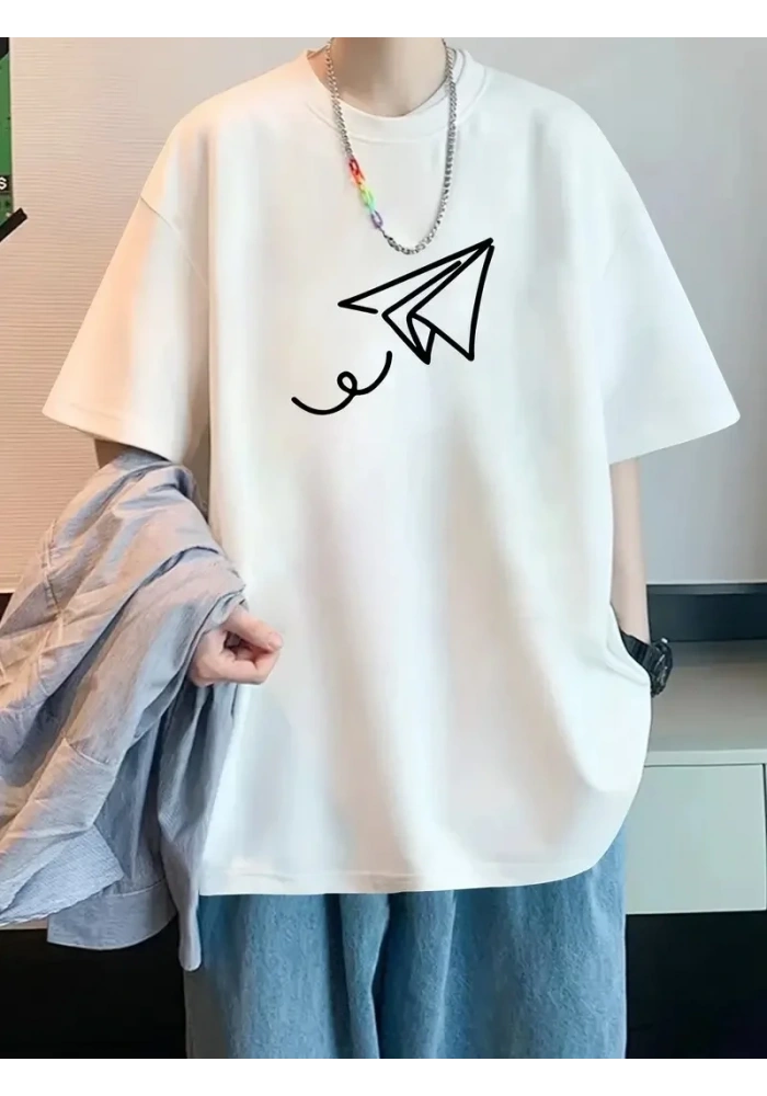 Erkek Kısa Kol Yazlık Tişört Bisiklet Yaka Baskılı Oversize T-Shirt - Beyaz