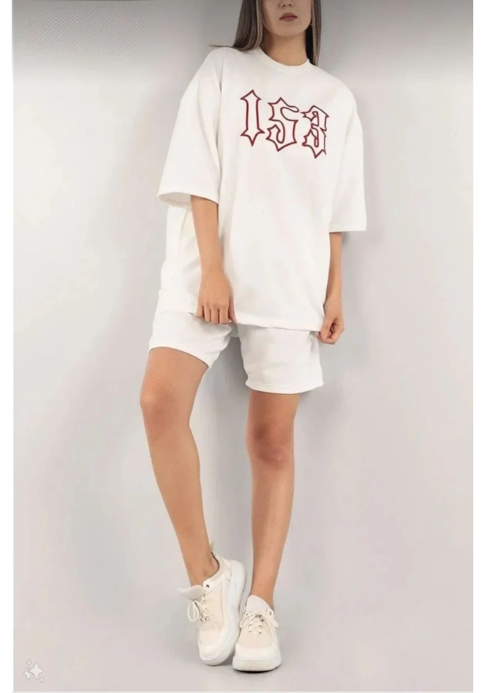 Kadın Nakış İşlemeli Şort Takım - Beyaz