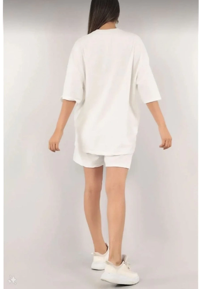 Kadın Nakış İşlemeli Şort Takım - Beyaz