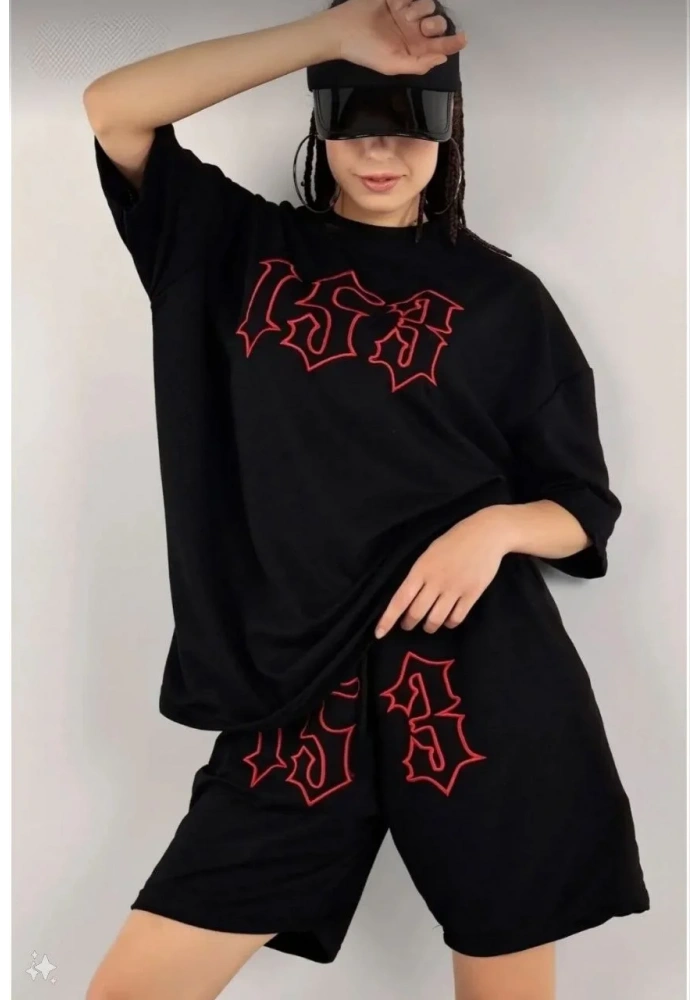 Kadın Nakış İşlemeli Şort Takım - Siyah