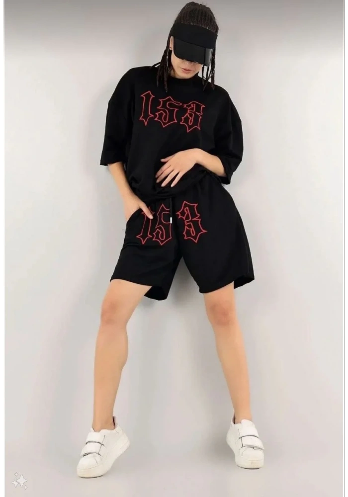 Kadın Nakış İşlemeli Şort Takım - Siyah