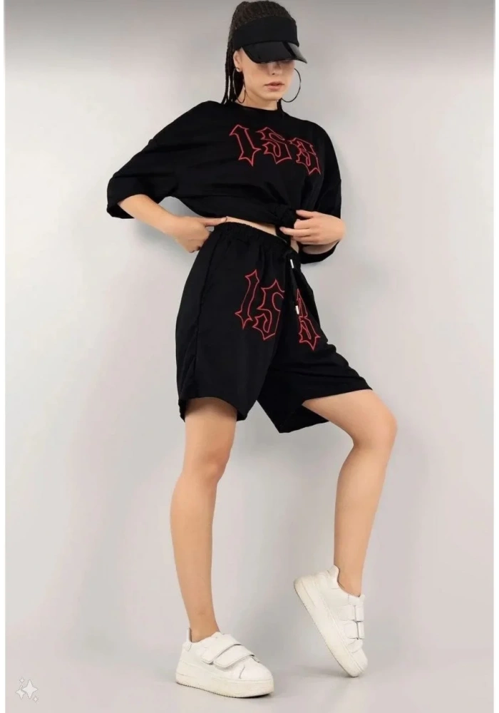 Kadın Nakış İşlemeli Şort Takım - Siyah