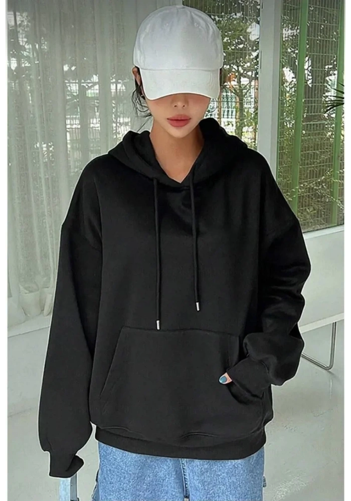Kadın Kapüşonlu Kanguru Cepli 3 İplik Pamuklu Oversize Hoodie Sweatshirt - Siyah