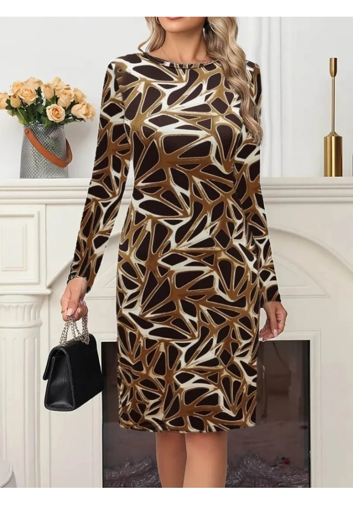 Kadın Uzun Kollu Bisiklet Yaka Desenli Dalgıç Kısa Elbise