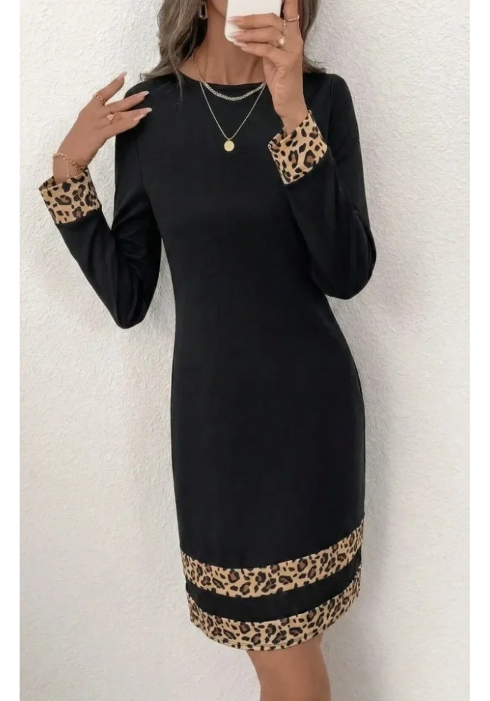 Kadın Uzun Kollu Bisiklet Yaka Mini Ithal Krep Elbise