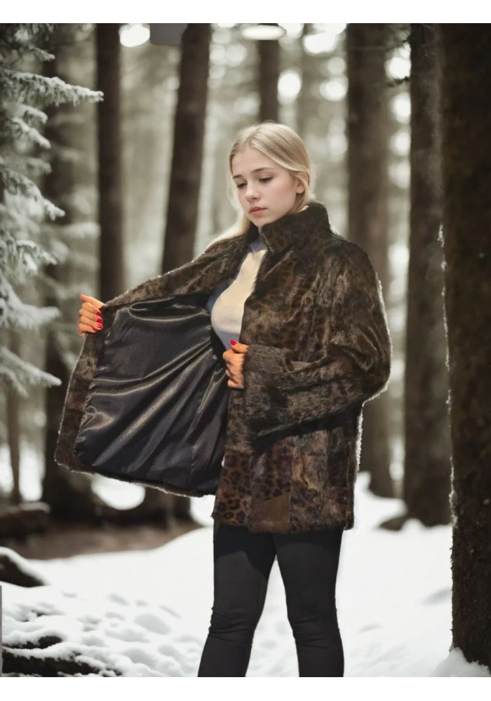 Kadın Uzun Kollu Deri Ceket - Leopar