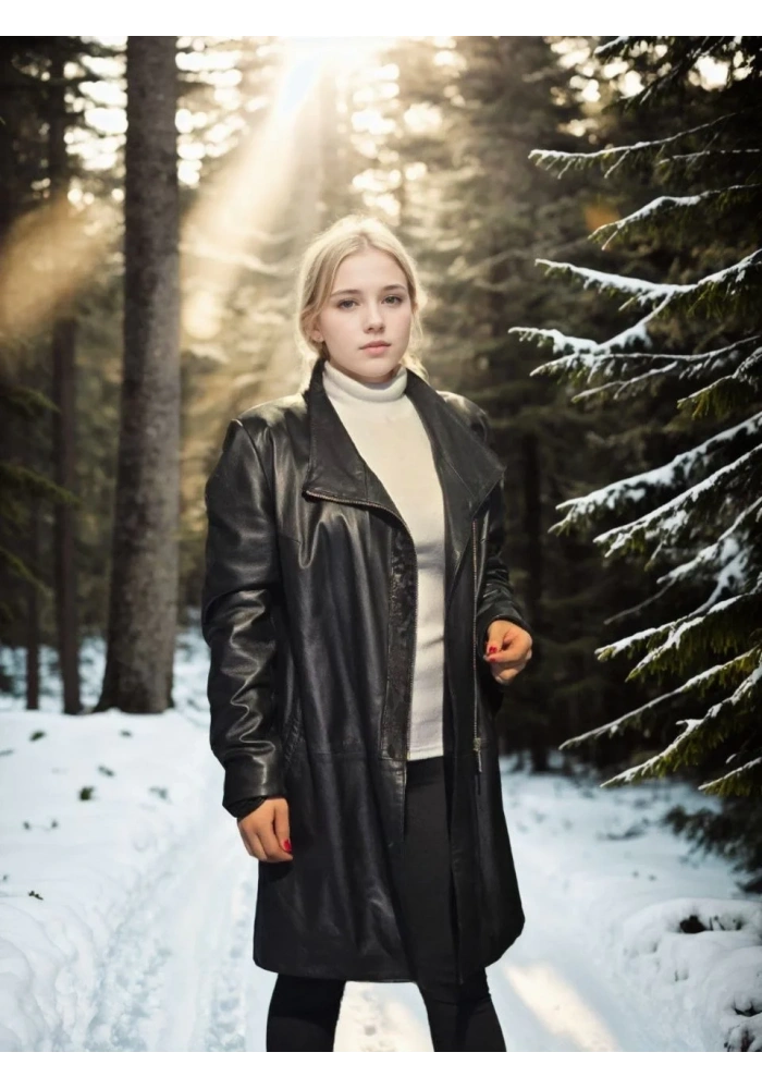 Kadın Uzun Kollu Hakiki Deri Ceket - Siyah