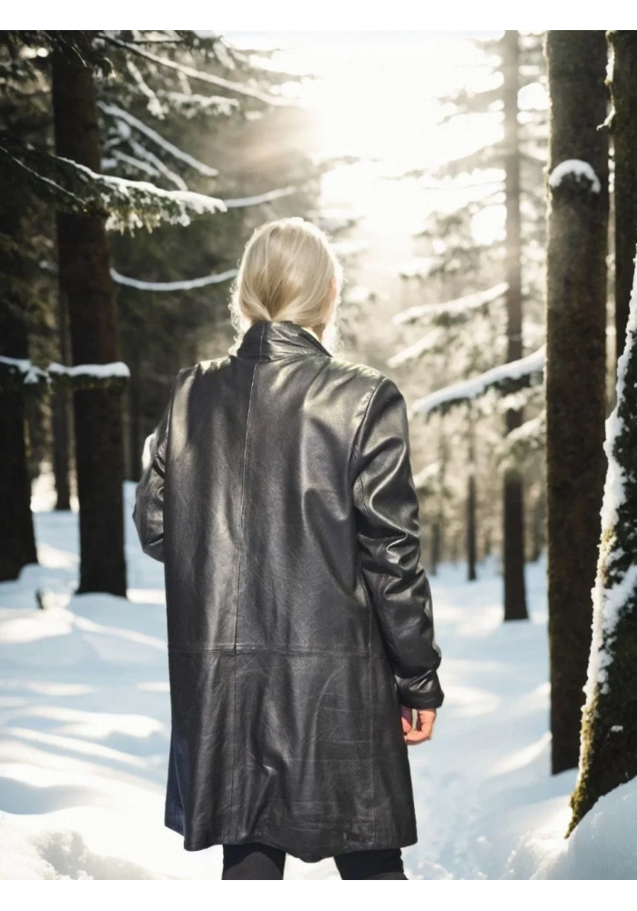 Kadın Uzun Kollu Hakiki Deri Ceket - Siyah