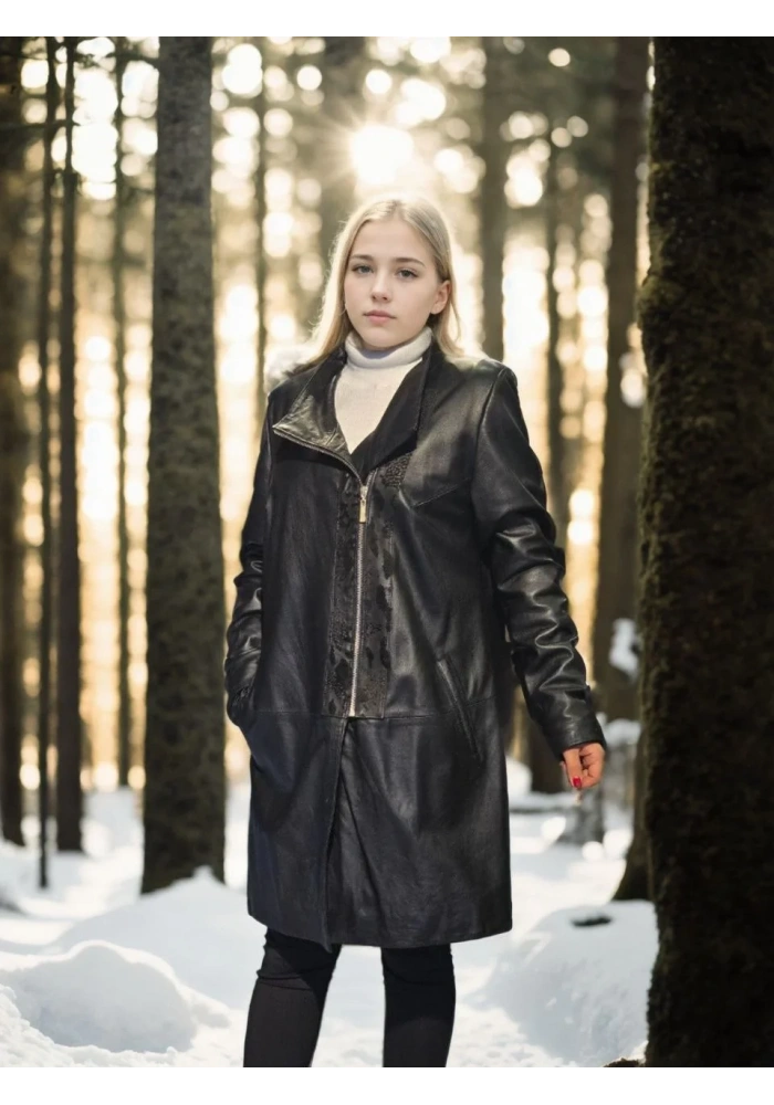 Kadın Uzun Kollu Hakiki Deri Ceket - Siyah