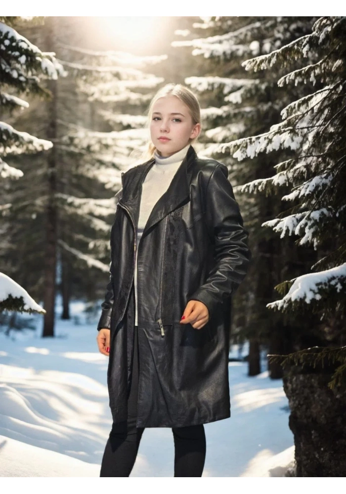 Kadın Uzun Kollu Hakiki Deri Ceket - Siyah