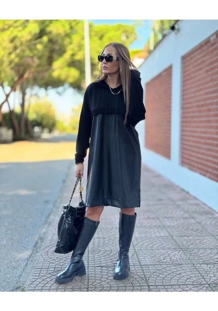 Kadın Uzun Kollu Kapüşon Ve Deri Detay Diz üstü Elbise
