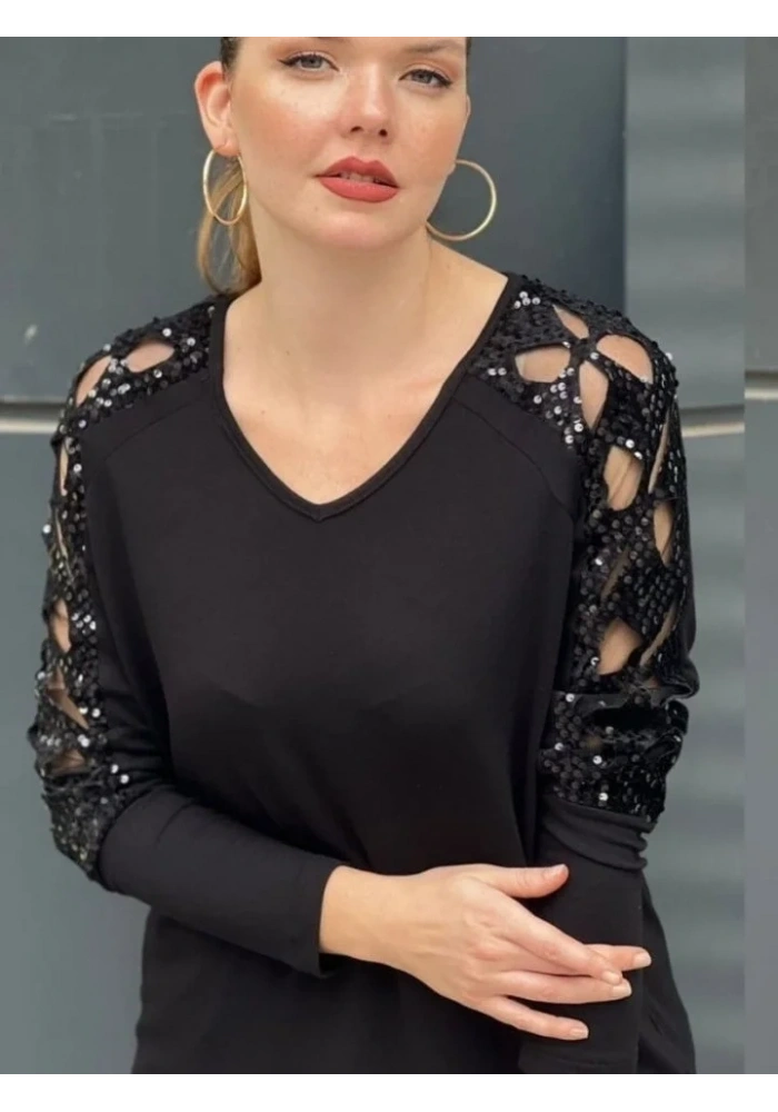 Kadın Uzun Kollu Kolları Lazer Kesim Pul Payet Detay Bluz