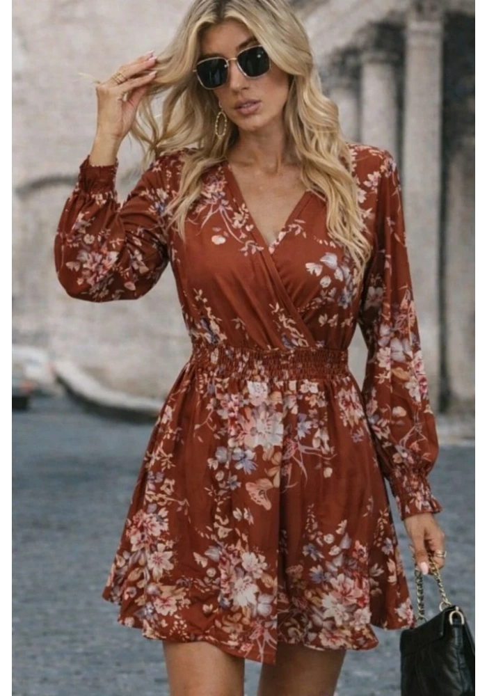 Kadın Uzun Kollu Kruvaze Yakalı çiçek Desenli Mini Süprem Elbise