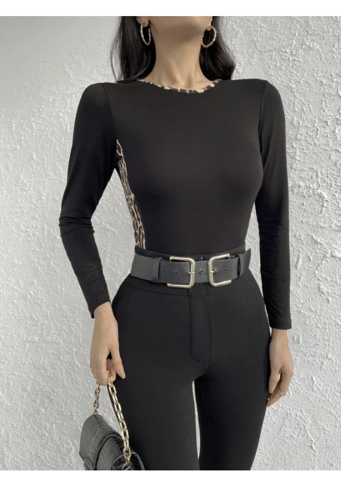 Kadın Uzun Kollu Leopar şeritli Viskon Bluz