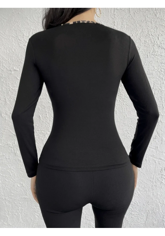 Kadın Uzun Kollu Leopar şeritli Viskon Bluz