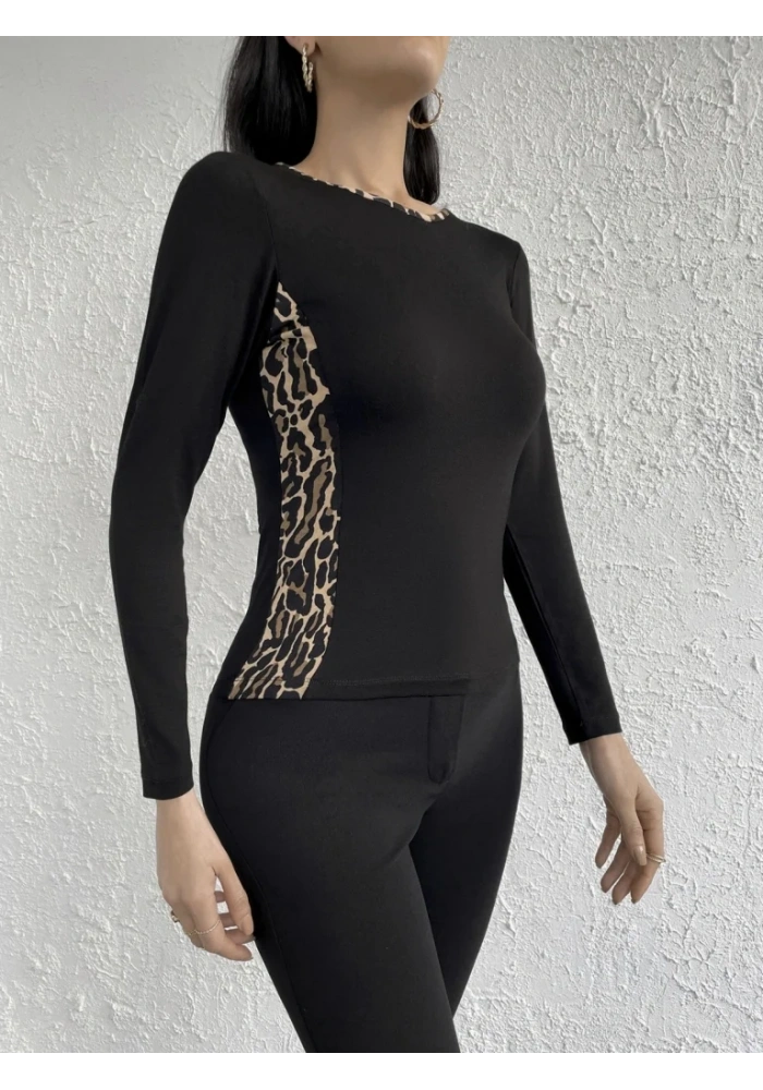 Kadın Uzun Kollu Leopar şeritli Viskon Bluz