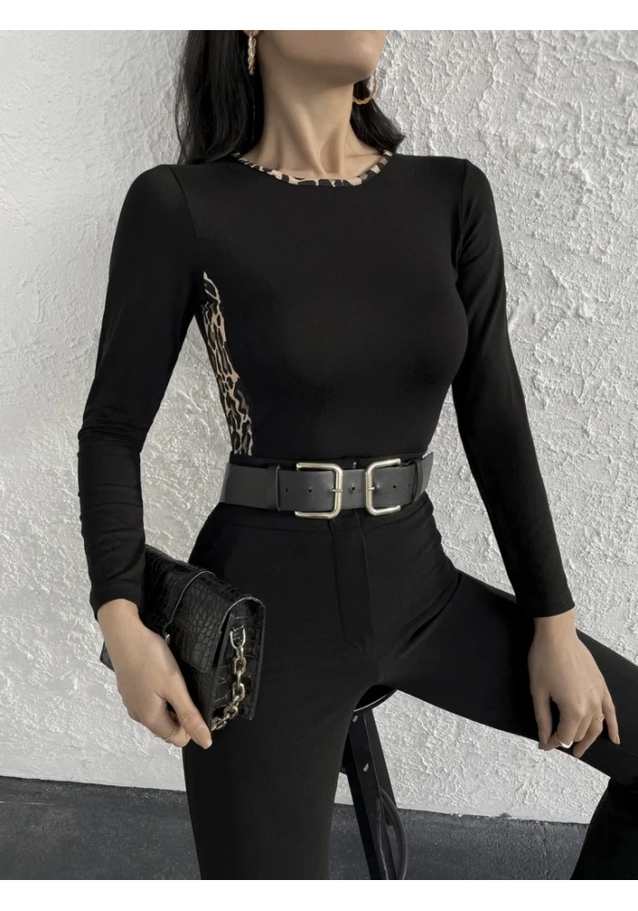 Kadın Uzun Kollu Leopar şeritli Viskon Bluz