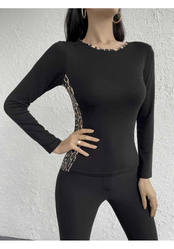 Kadın Uzun Kollu Leopar şeritli Viskon Bluz