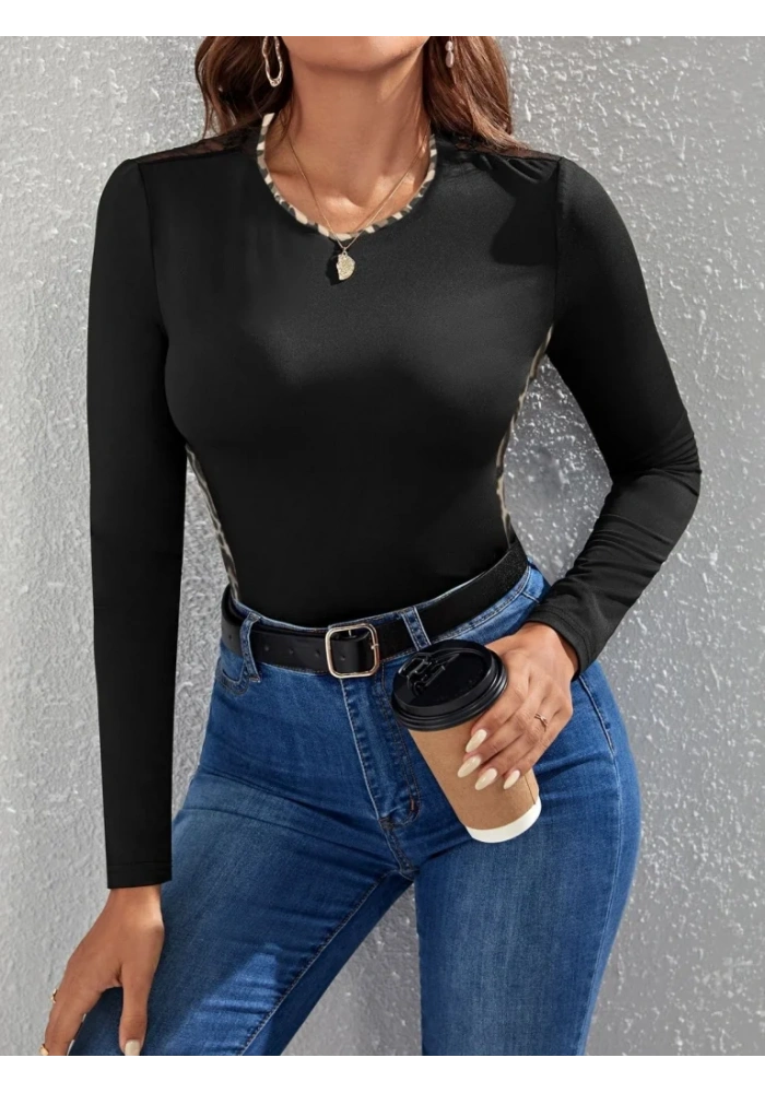 Kadın Uzun Kollu Leopar şeritli Viskon Bluz