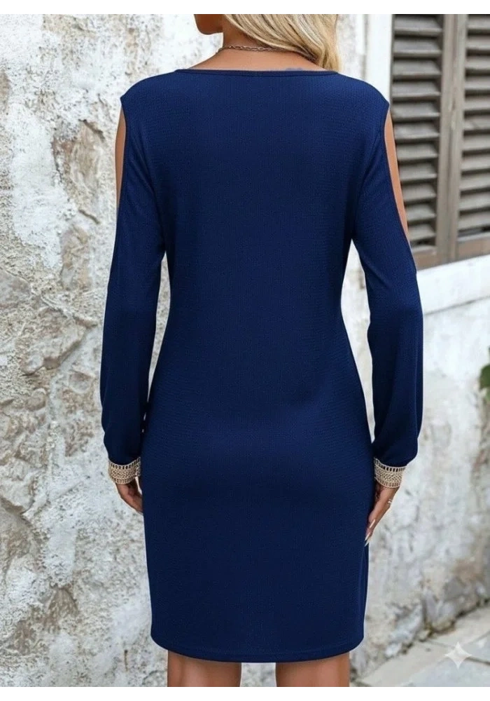 Kadın Uzun Kollu Omuzdan Açık V Dantel Yakalı Mini Waffle Elbise