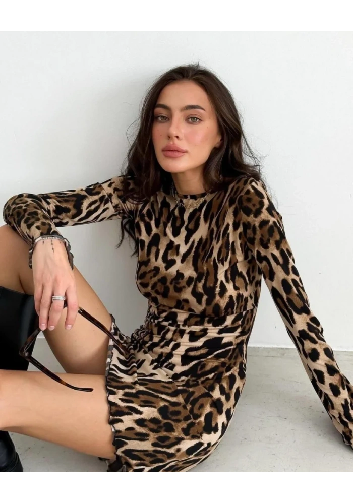 Kadın Uzun Kollu Sırtı Açık Bağlamalı Leopar Desenli Kısa Dalgıç Elbise
