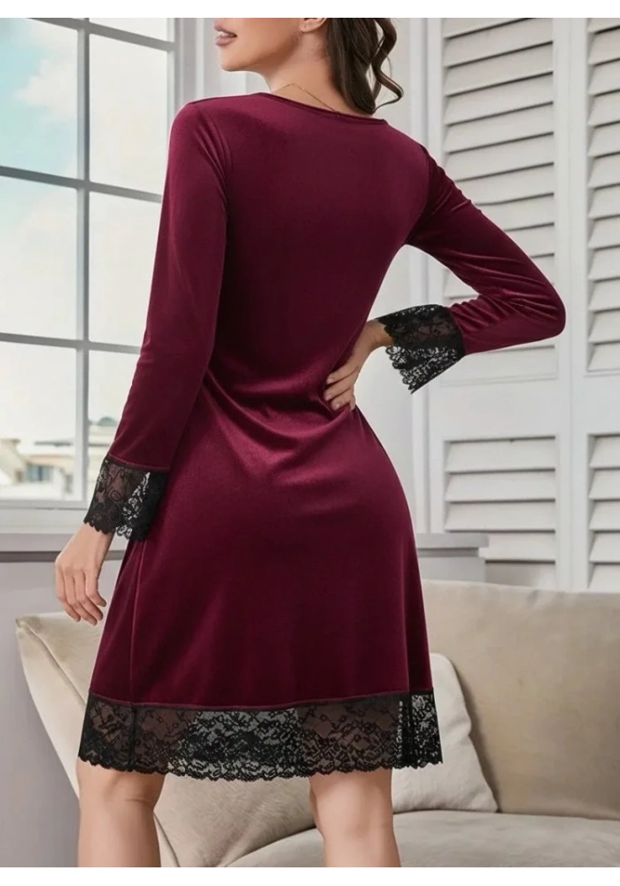 Kadın Uzun Kollu V Dantel Yakalı Mini Kadife Elbise