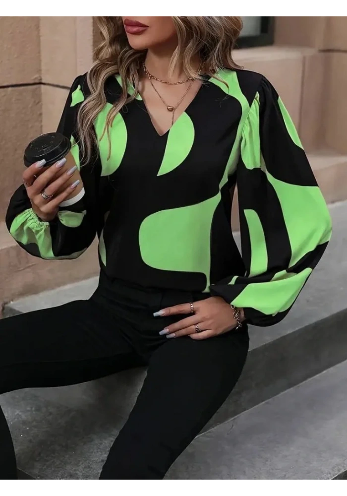 Kadın Uzun Kollu V Yakalı Desenli Modal Bluz