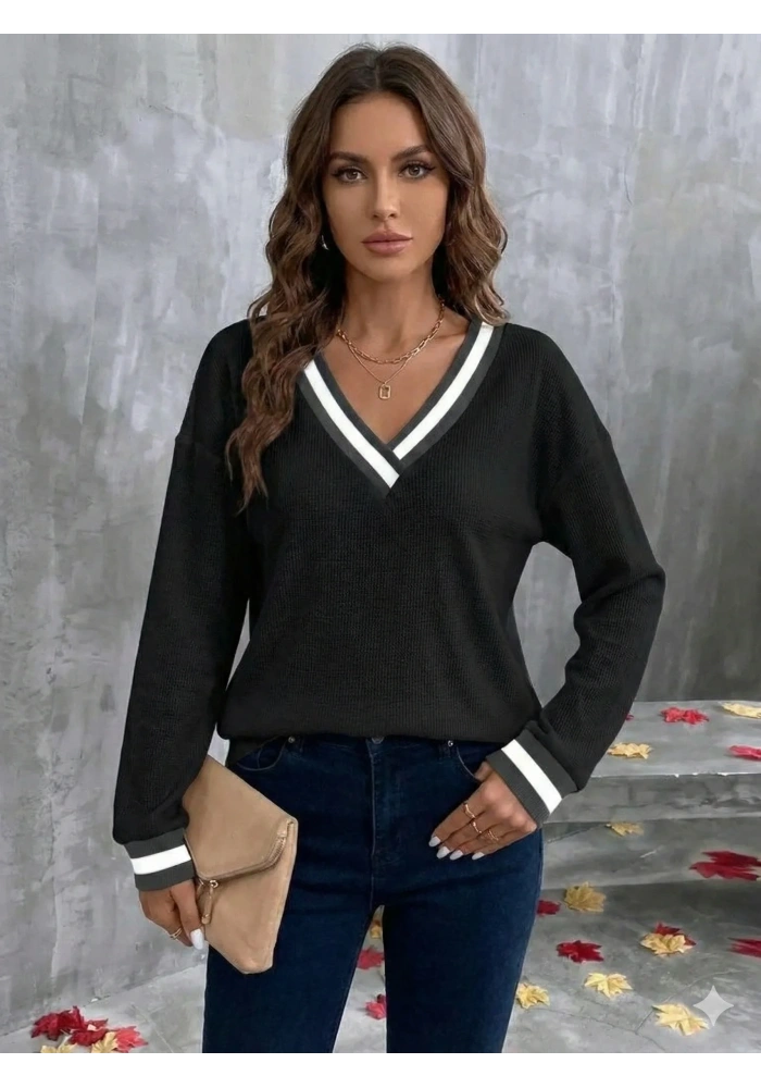 Kadın Uzun Kollu V Yakalı Waffle Bluz