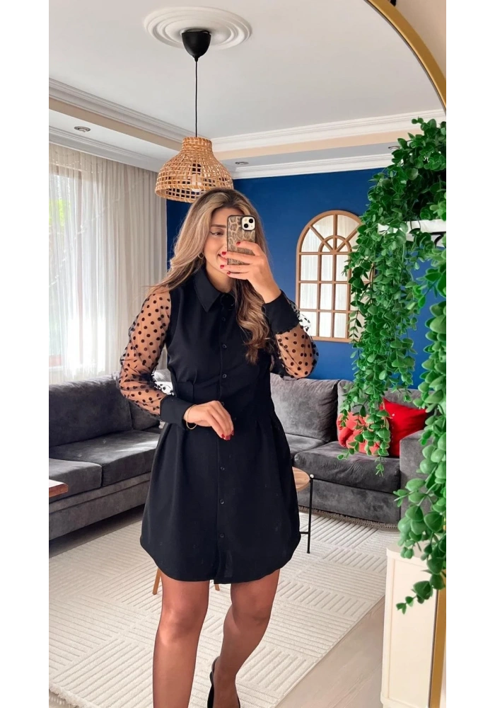Kadın Uzun Kollu Yakalı Düğmeli Mini Ithal Krep Elbise
