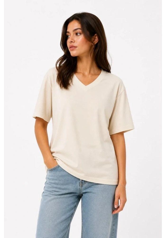 Kadın V Yaka Basic Tişört Kısa Kol Yazlık Regular Fit T-Shirt - Bej