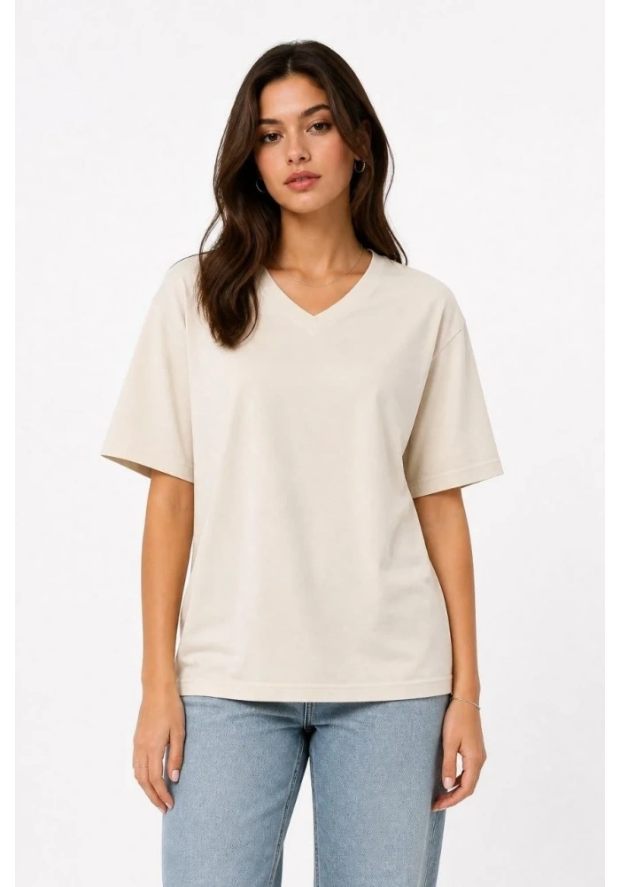 Kadın V Yaka Basic Tişört Kısa Kol Yazlık Regular Fit T-Shirt - Bej