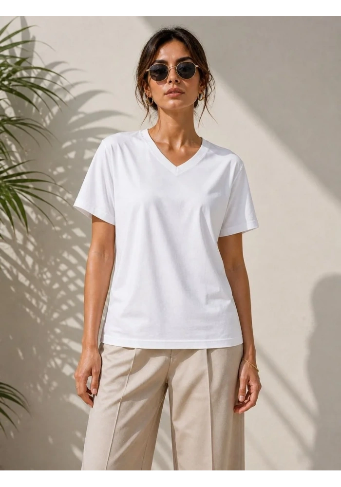 Kadın V Yaka Basic Tişört Kısa Kol Yazlık Regular Fit T-Shirt - Beyaz