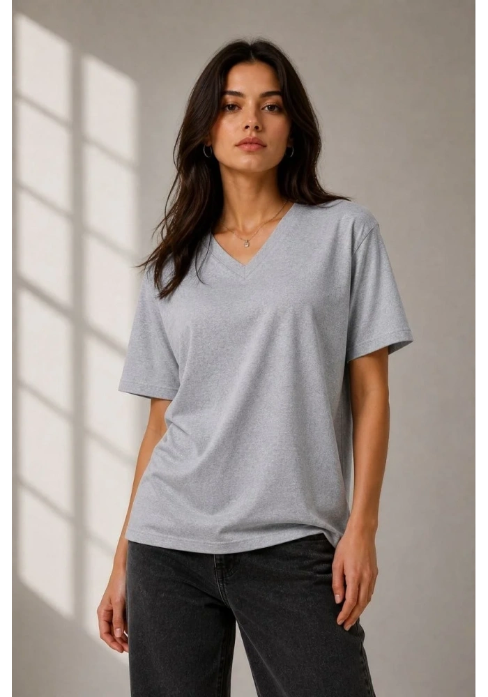 Kadın V Yaka Basic Tişört Kısa Kol Yazlık Regular Fit T-Shirt - Gri