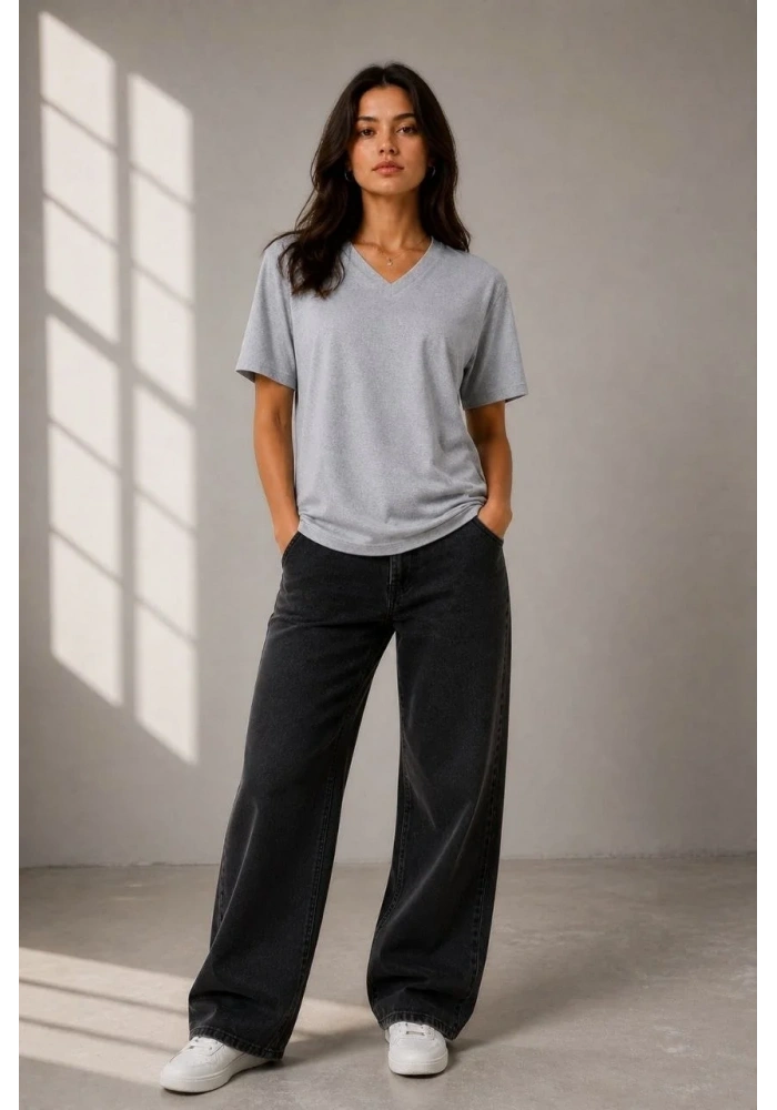 Kadın V Yaka Basic Tişört Kısa Kol Yazlık Regular Fit T-Shirt - Gri