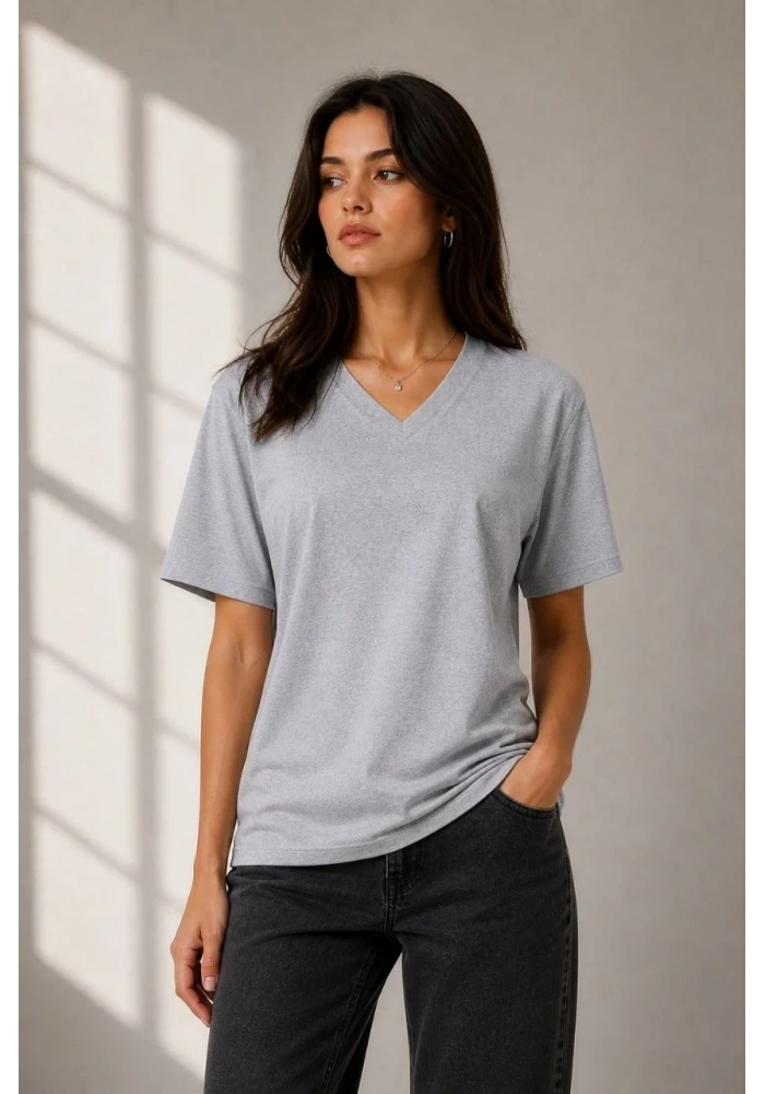 Kadın V Yaka Basic Tişört Kısa Kol Yazlık Regular Fit T-Shirt - Gri
