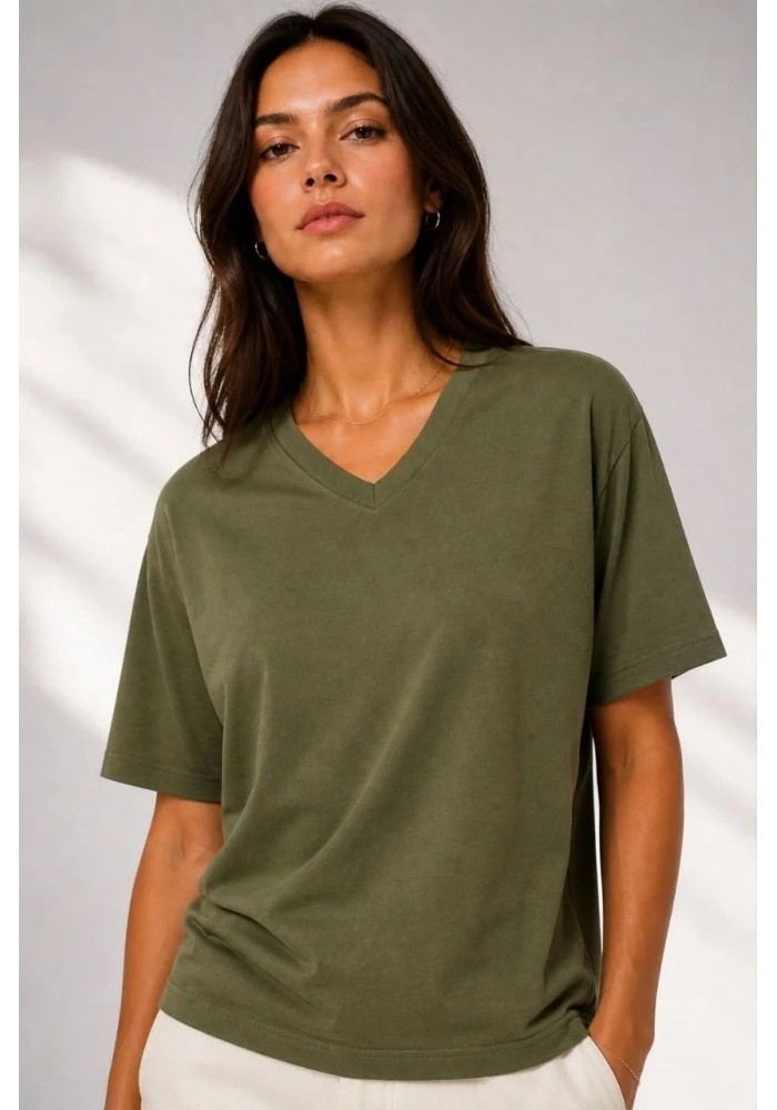Kadın V Yaka Basic Tişört Kısa Kol Yazlık Regular Fit T-Shirt - Haki