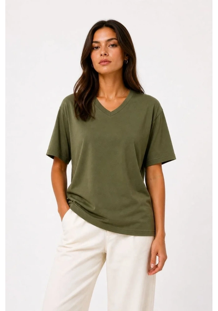 Kadın V Yaka Basic Tişört Kısa Kol Yazlık Regular Fit T-Shirt - Haki