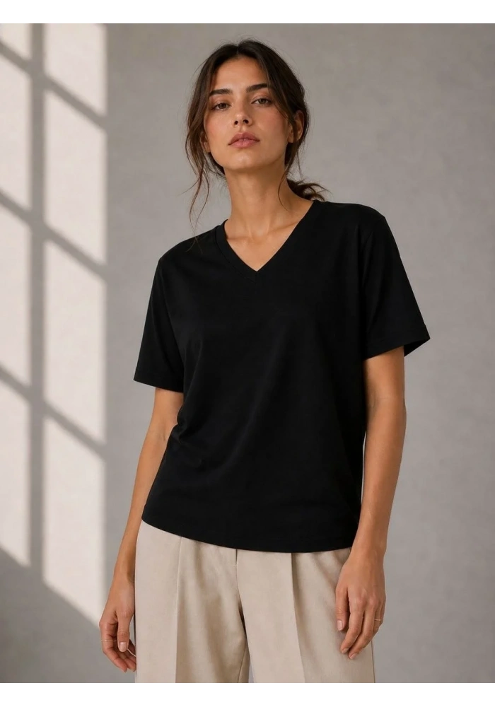 Kadın V Yaka Basic Tişört Kısa Kol Yazlık Regular Fit T-Shirt - Siyah