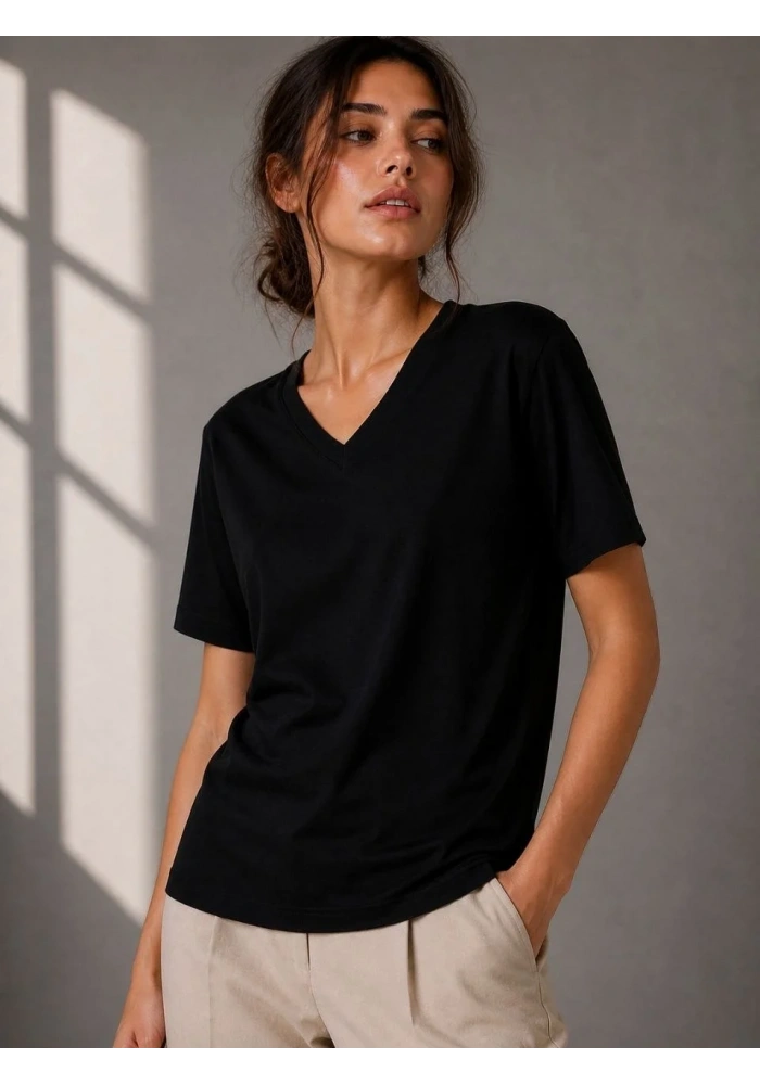 Kadın V Yaka Basic Tişört Kısa Kol Yazlık Regular Fit T-Shirt - Siyah