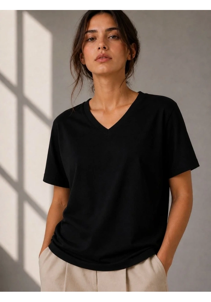 Kadın V Yaka Basic Tişört Kısa Kol Yazlık Regular Fit T-Shirt - Siyah