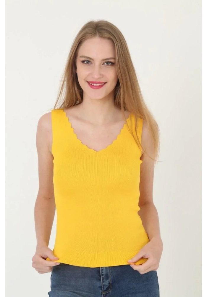 Kadın V Yaka Fırfır Detay Crop - Sarı