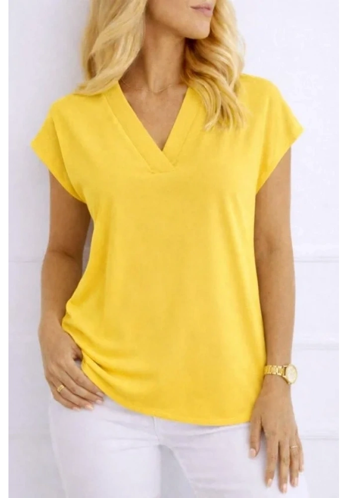 Kadın V Yaka Kısa Kol Dokuma Viskon Kumaş Bluz