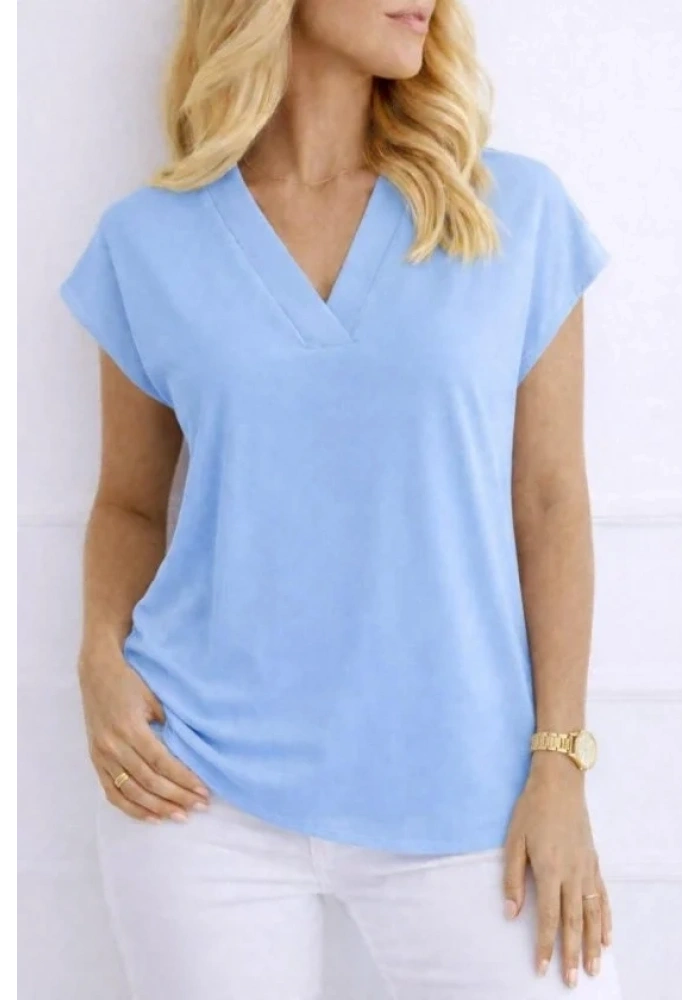 Kadın V Yaka Kısa Kol Dokuma Viskon Kumaş Bluz