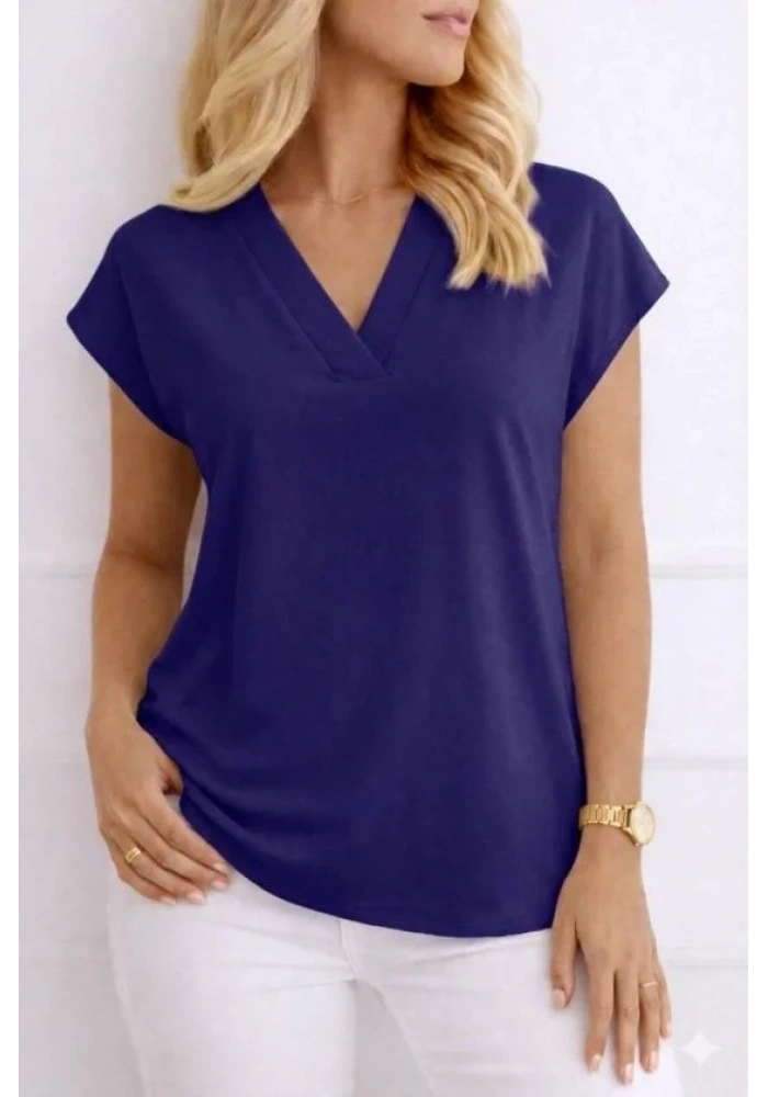 Kadın V Yaka Kısa Kol Dokuma Viskon Kumaş Bluz