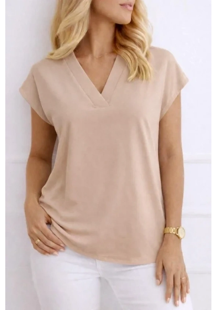 Kadın V Yaka Kısa Kol Dokuma Viskon Kumaş Bluz